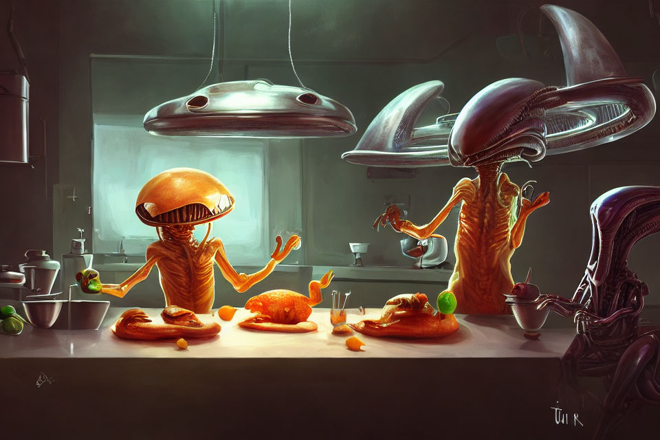Illustration of three alien creatures cooking in a kitchen with UFO lamps