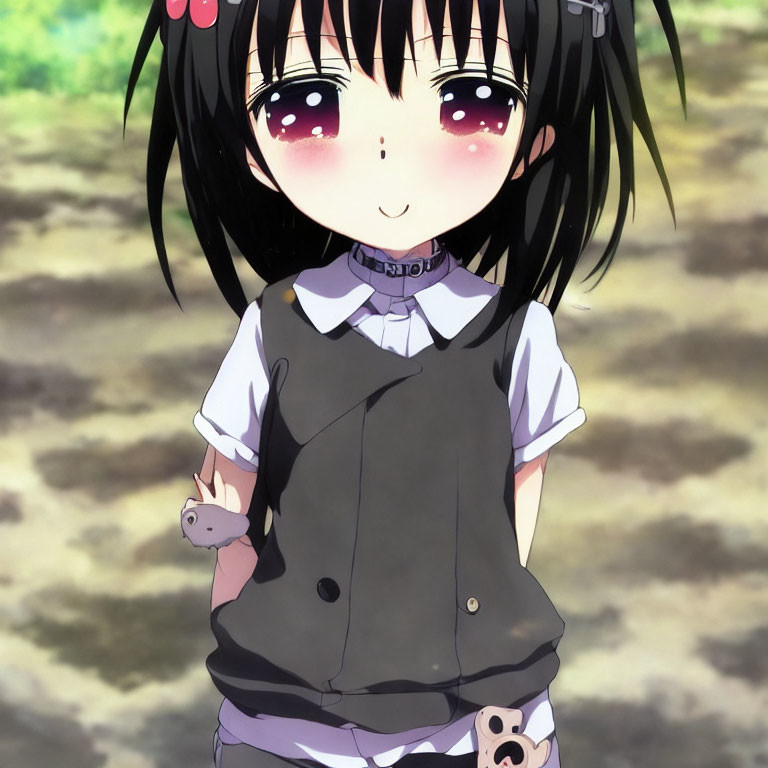 Anime girl with purple eyes, black hair, red hair clips, white blouse, and gray vest.