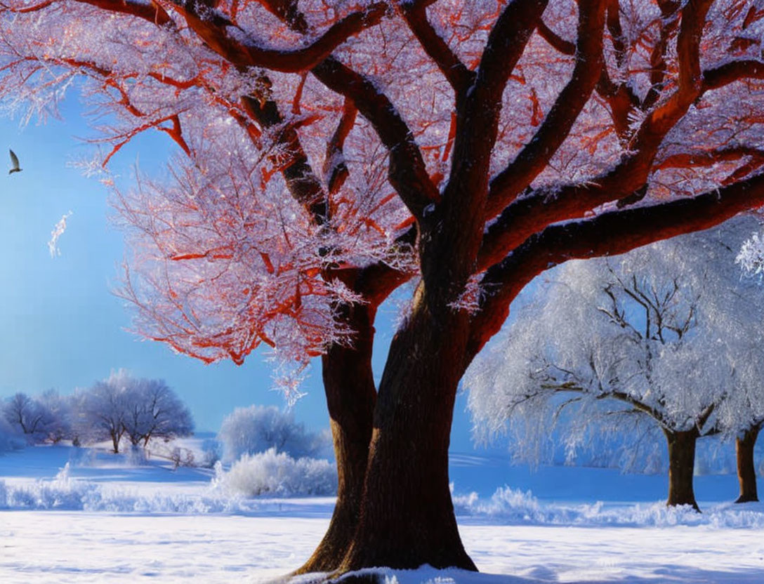 Snow-covered landscape with large frost-coated tree and red leaves under blue sky