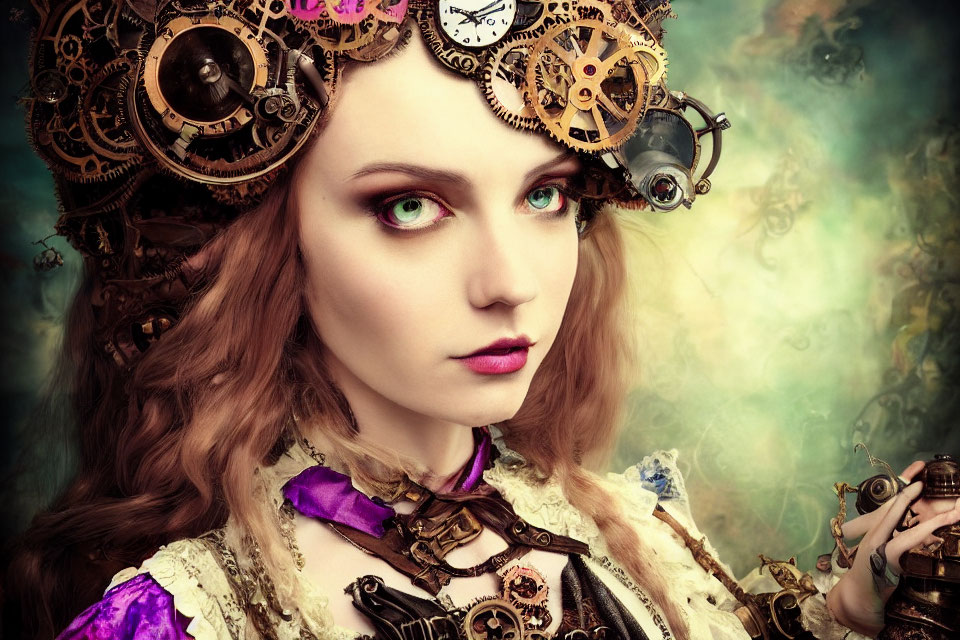 Steampunk-themed woman with gear accessories and green eyes on smoky background