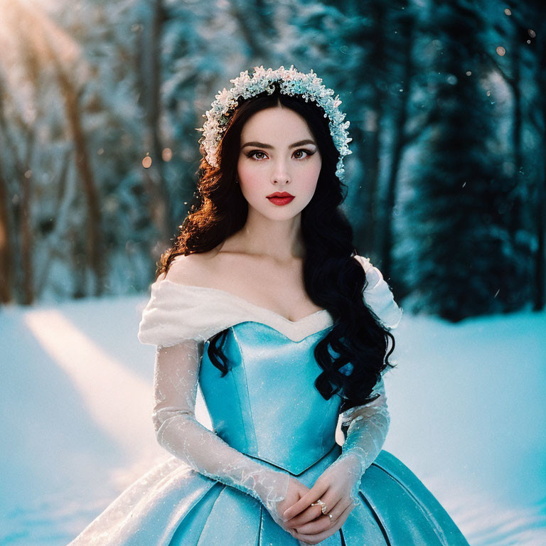 Woman in Blue Dress with Crystal Tiara in Snowy Forest