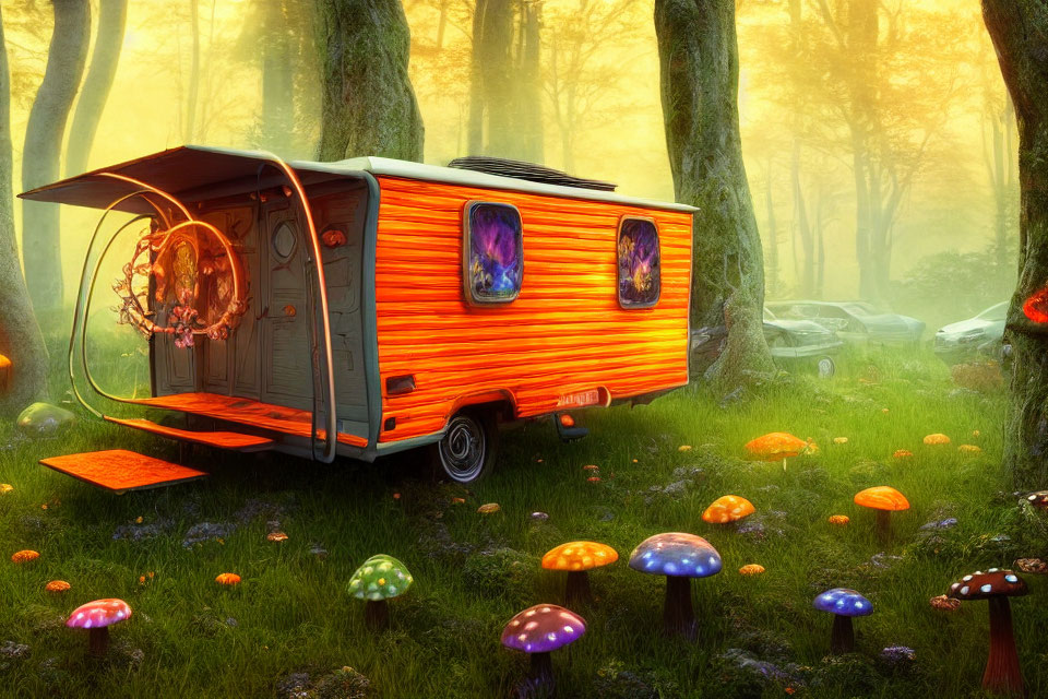 Colorful Mushroom Forest Scene with Orange Caravan Interior