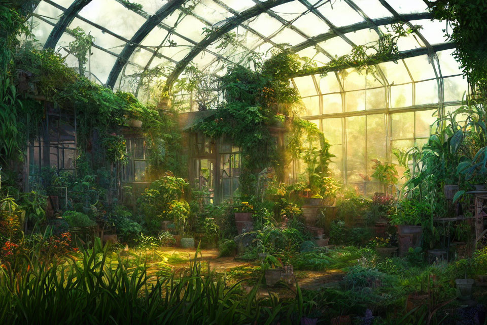 Greenery-filled greenhouse under sunlit glass roof