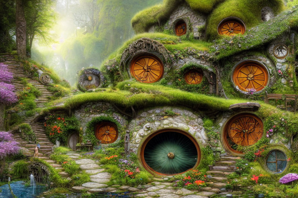 Unique hobbit-style houses in lush greenery with round doors and windows
