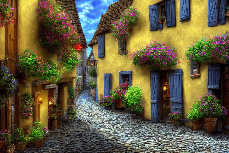 Picturesque cobblestone alley with yellow houses and vibrant flowers