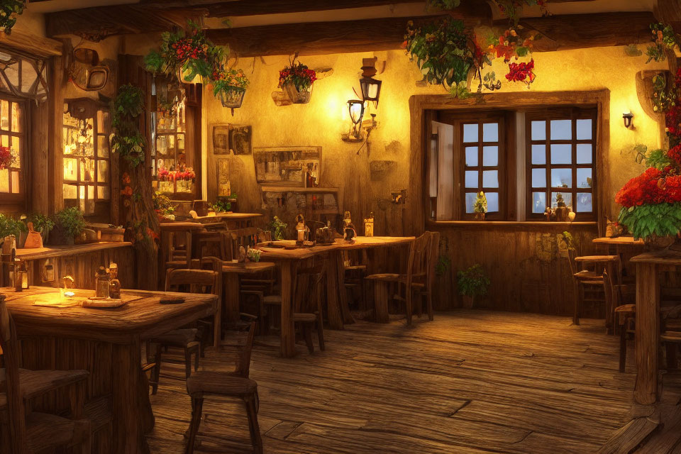 Medieval-style tavern interior with wooden tables, chairs, candles, flowers.