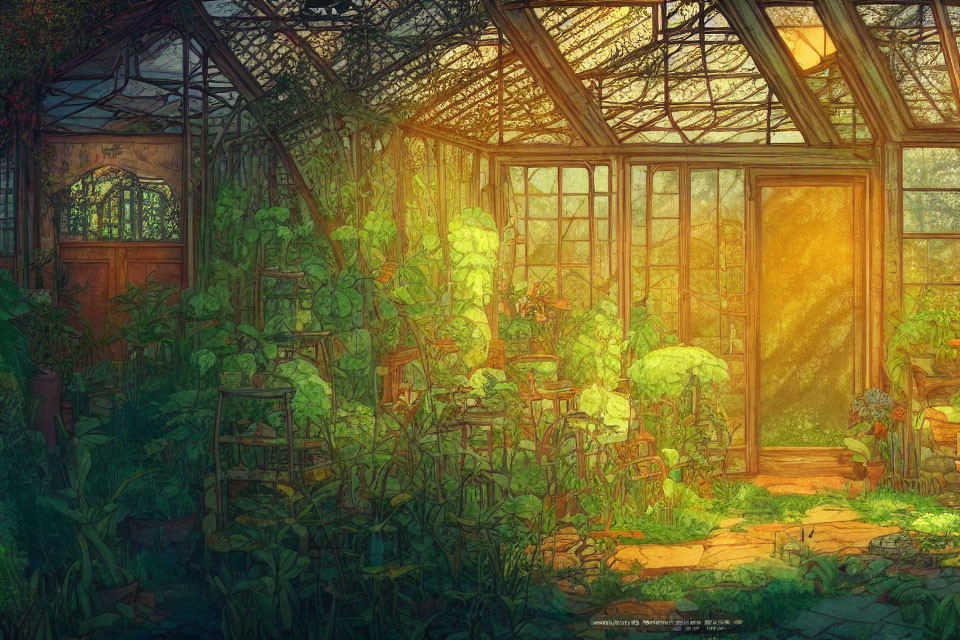 Ethereal sunlit greenhouse with lush greenery and climbing vines