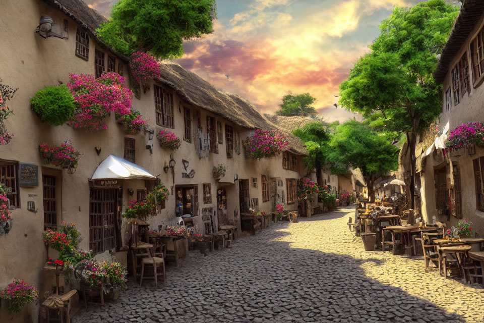 Quaint cobblestone street with old-world buildings and pink flowers at sunset