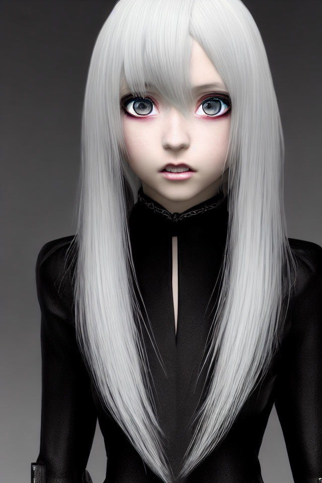 Female character with long white hair, red and blue eyes, black choker, and dark outfit.