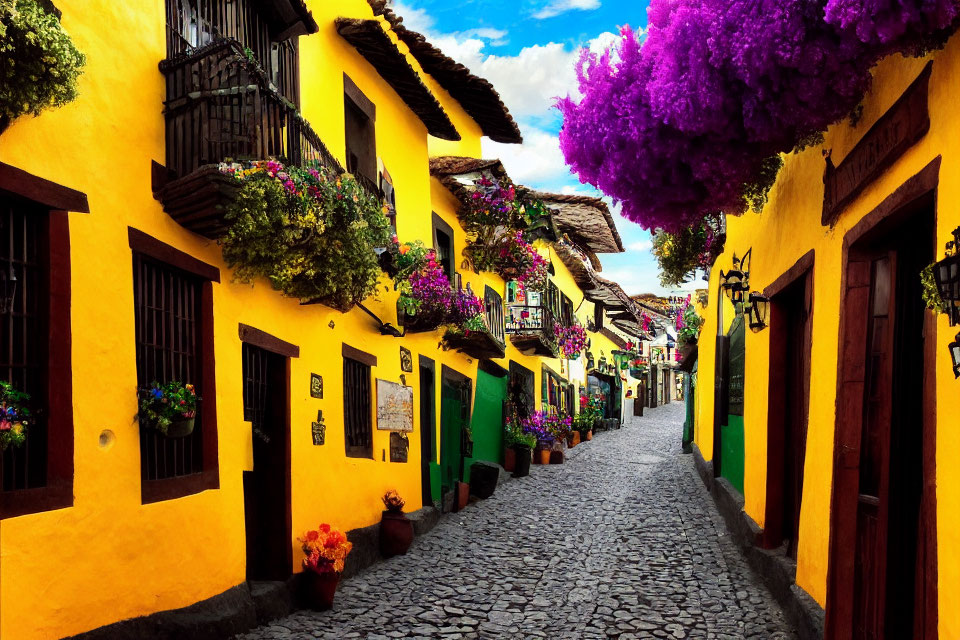Vibrant Colonial Street with Yellow Buildings and Purple Flowers