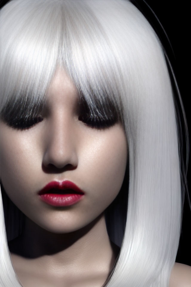 Striking platinum blonde hair and bold red lipstick close-up portrait