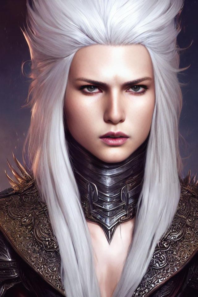Fantasy character digital portrait with white hair, blue eyes, and ornate black armor