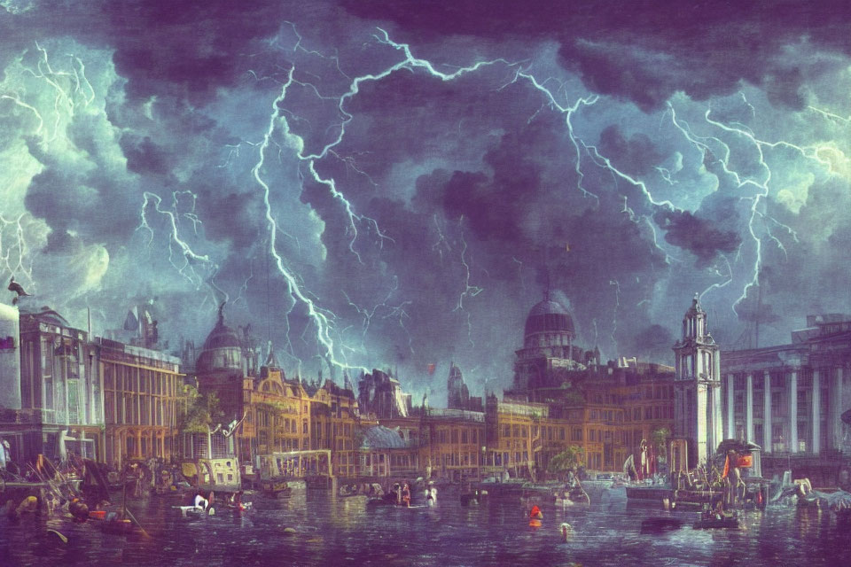 Historical cityscape painting with lightning strikes and classic architecture