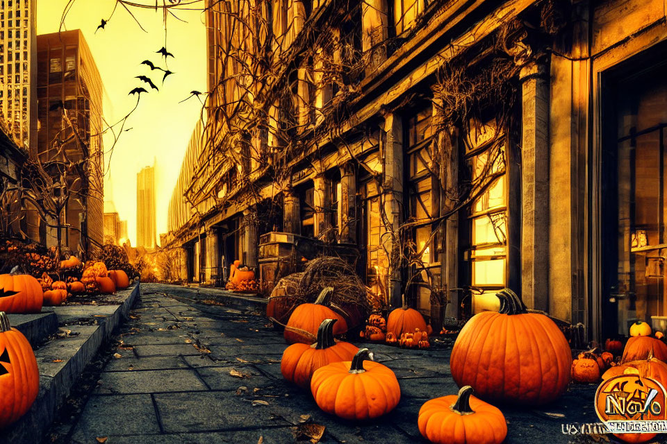 Autumnal city scene with pumpkins, bats, and orange sky