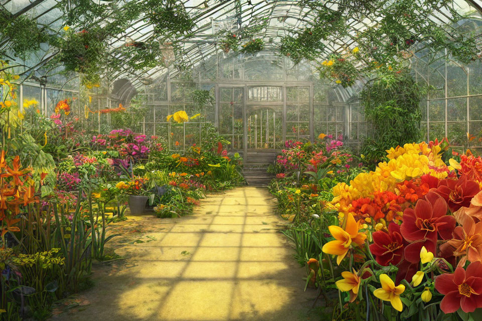 Colorful flowers and plants in a sunlit greenhouse