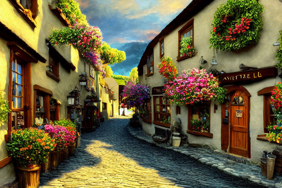 Charming cobblestone street with old-world buildings and vibrant flower baskets