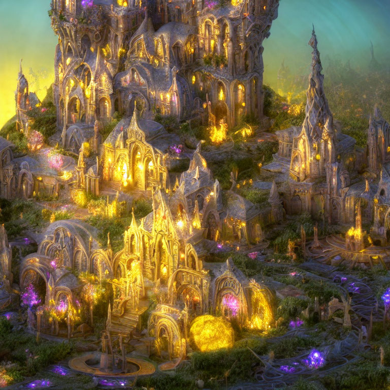 Fantastical glowing city with intricate towers and arches in mystical twilight landscape