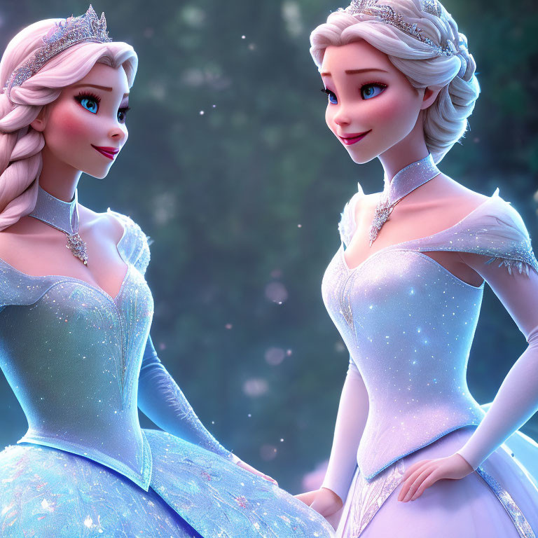 Two fair-skinned female characters in blue gowns with platinum blonde hair in frosty setting