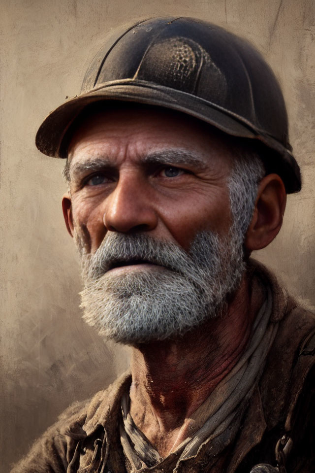 Elderly man with greying beard in battered helmet gazes into the distance
