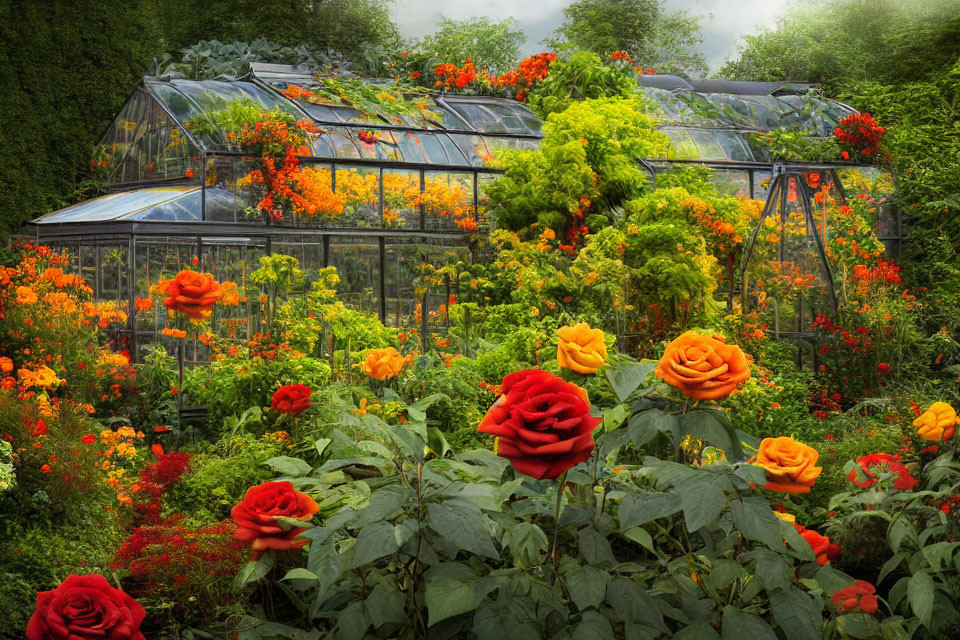 Lush Garden with Red Roses and Glass Greenhouse Overflowing with Greenery