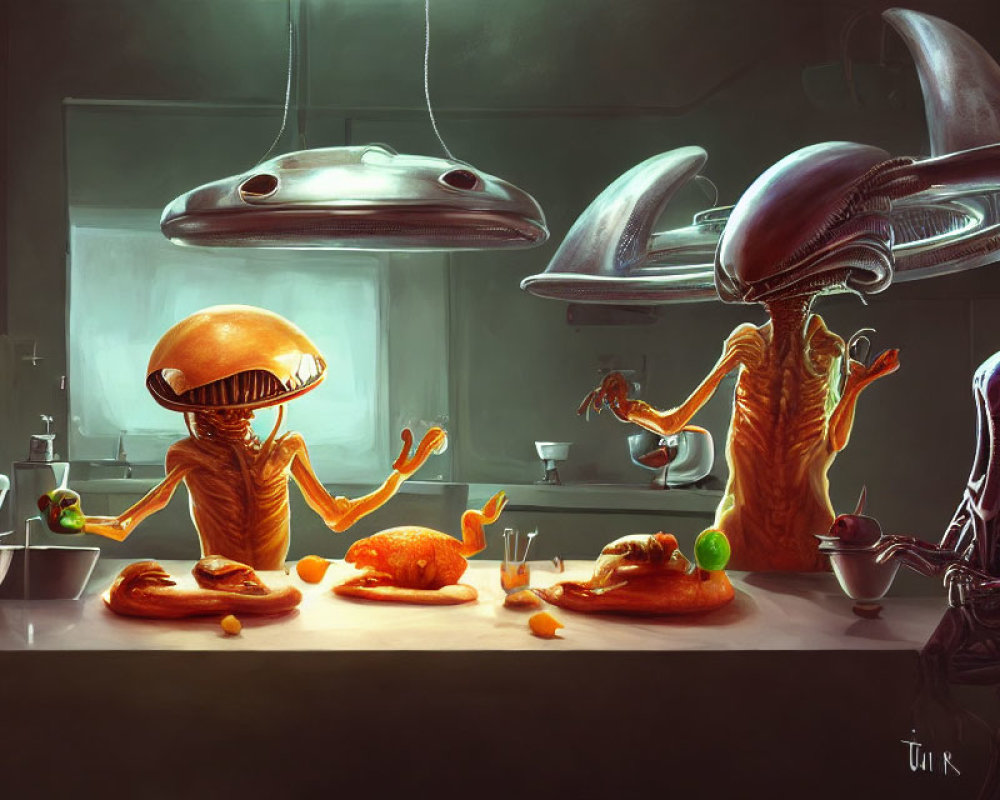 Illustration of three alien creatures cooking in a kitchen with UFO lamps