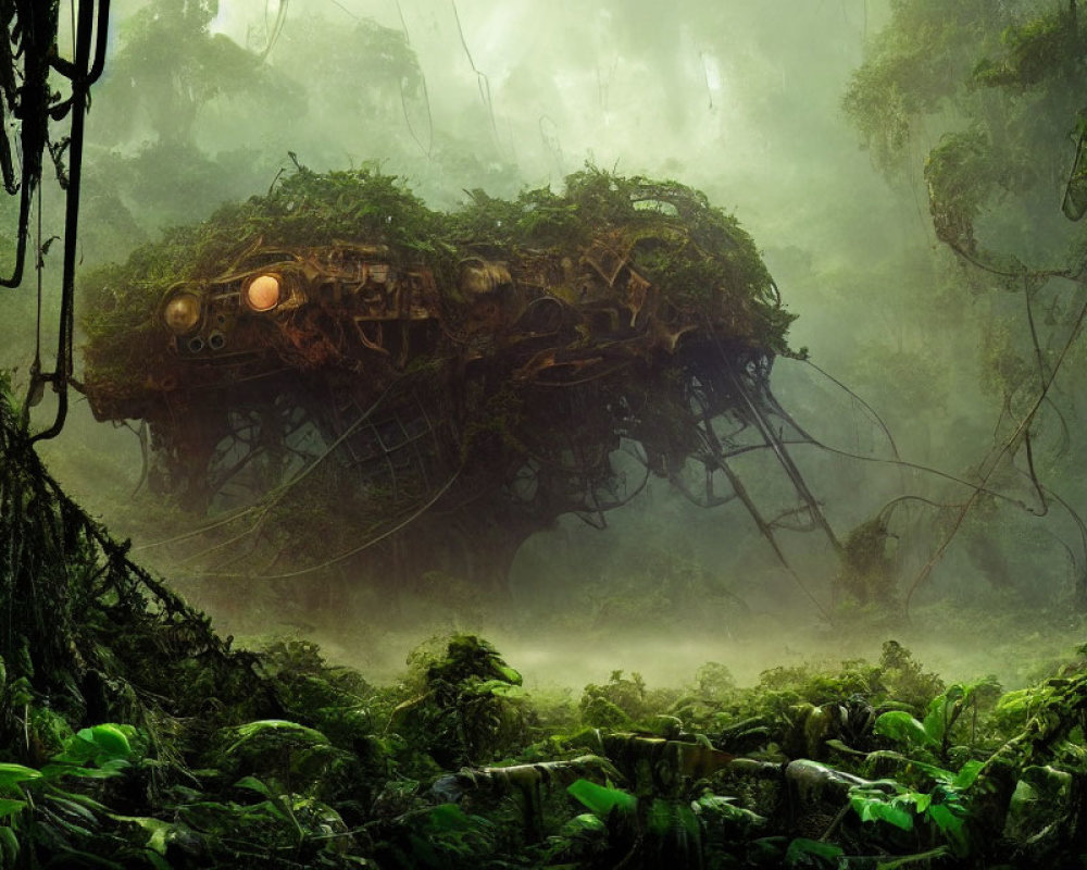 Abandoned overgrown mech in lush jungle landscape