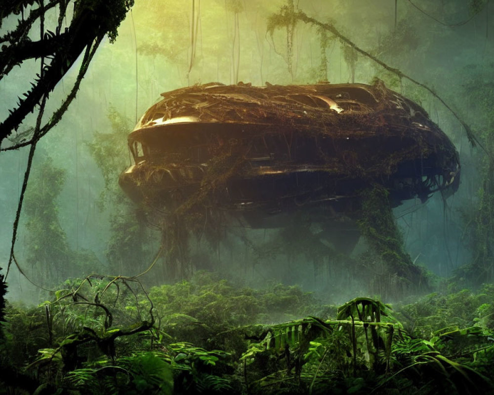 Abandoned spaceship engulfed by jungle foliage