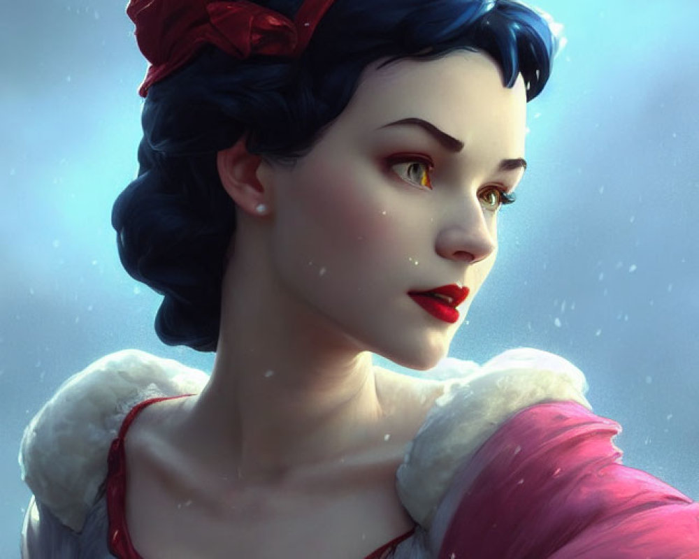 Snow White illustration with black hair, red lips, fair skin, red headband, snowfall.