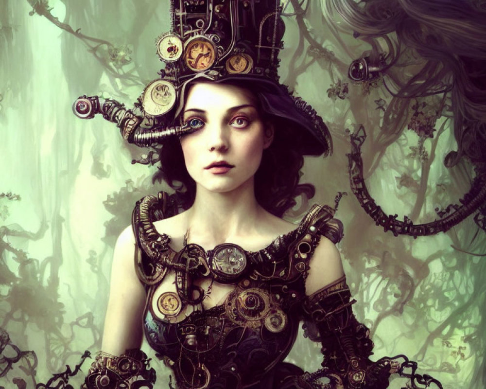 Steampunk-inspired woman with gear-adorned hat in mystical forest.