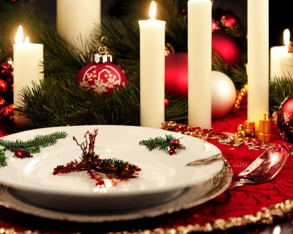 Festive table setting with white plate, pine twigs, berries, candles, and holiday decor