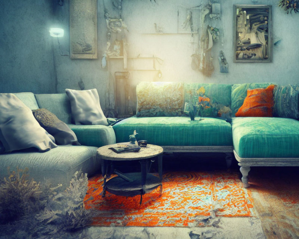Cozy Vintage Living Room with Teal Sofa & Eclectic Decor