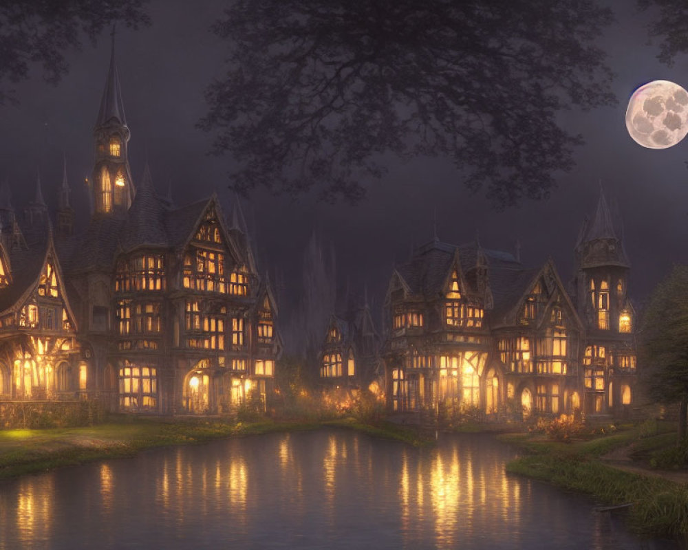 Gothic-style manor under full moon in mystical twilight