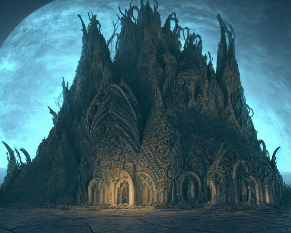 Mystical ornate structure under large moon in eerie landscape