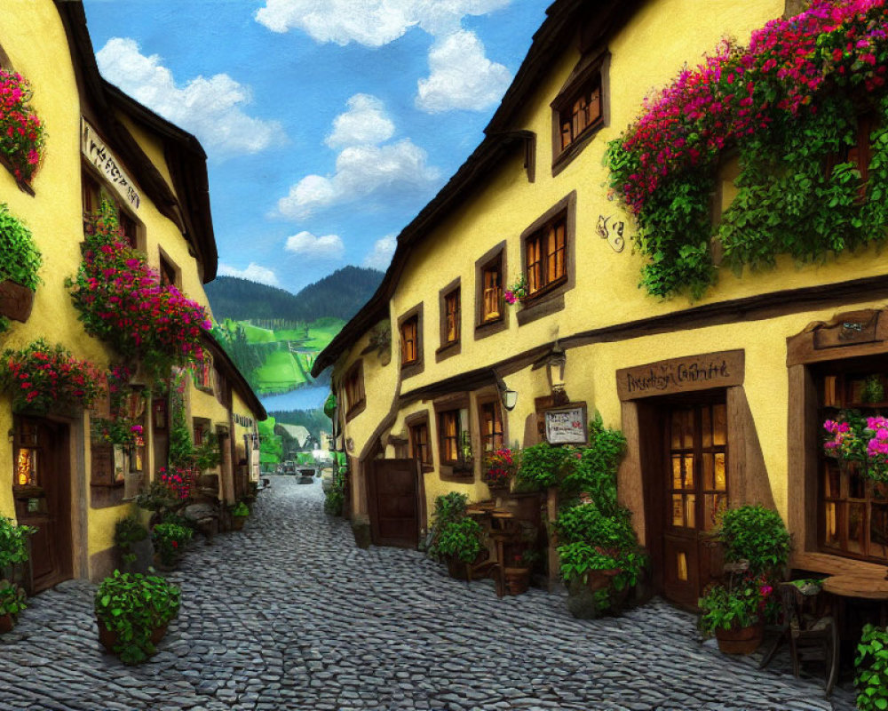 Vibrant cobblestone street with colorful buildings and lush plants