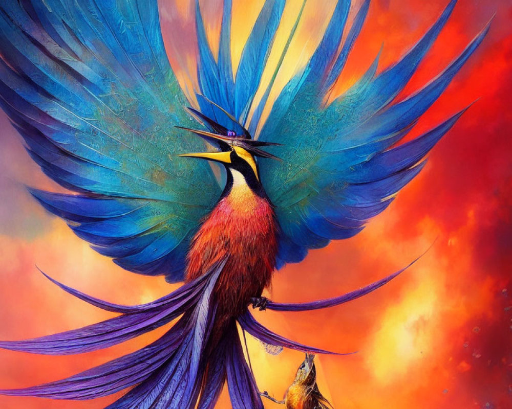 Colorful digital artwork: fantastical bird with vibrant blue and orange feathers perched on branch