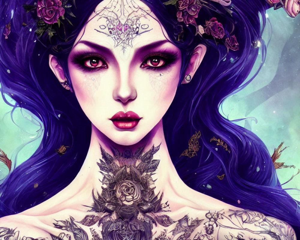 Purple-haired woman with tattoos and mystical aura in starry setting