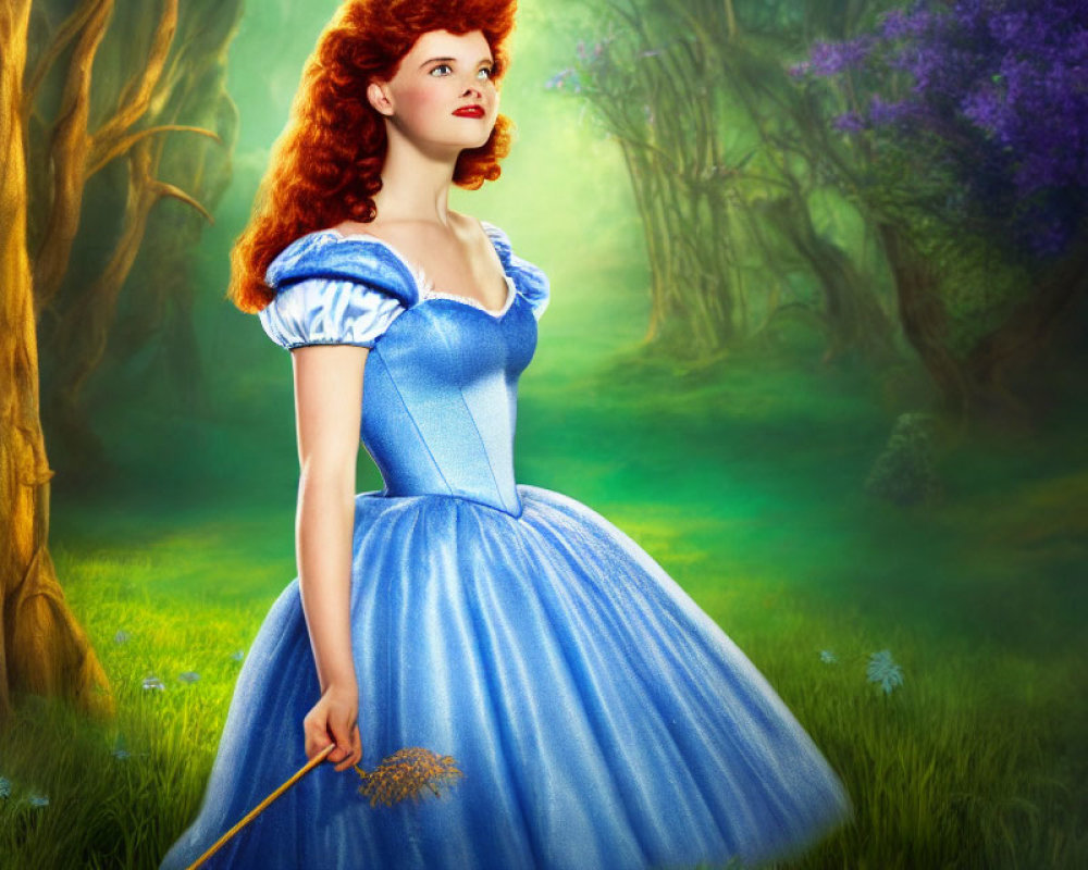 Red-haired woman in blue dress with dandelion in whimsical forest