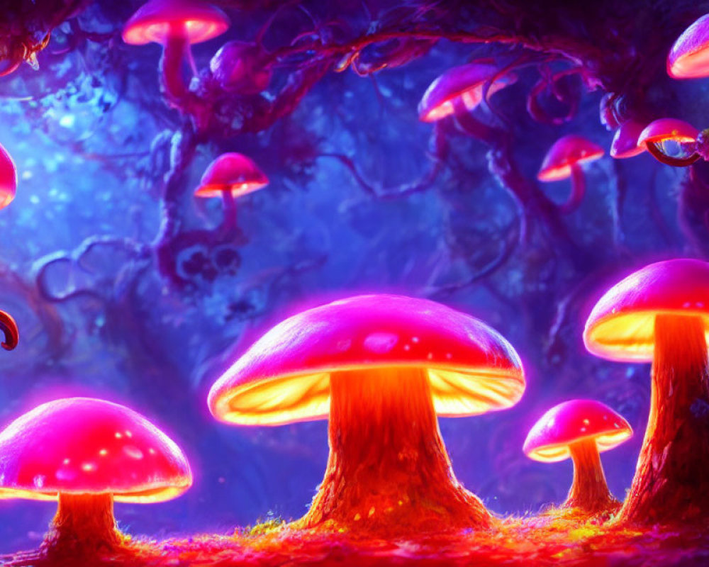 Enchanted forest with glowing purple and pink mushrooms under twisted dark trees