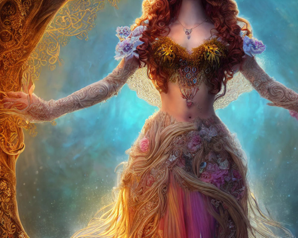 Mystical woman in flowing gown amidst colorful backdrop