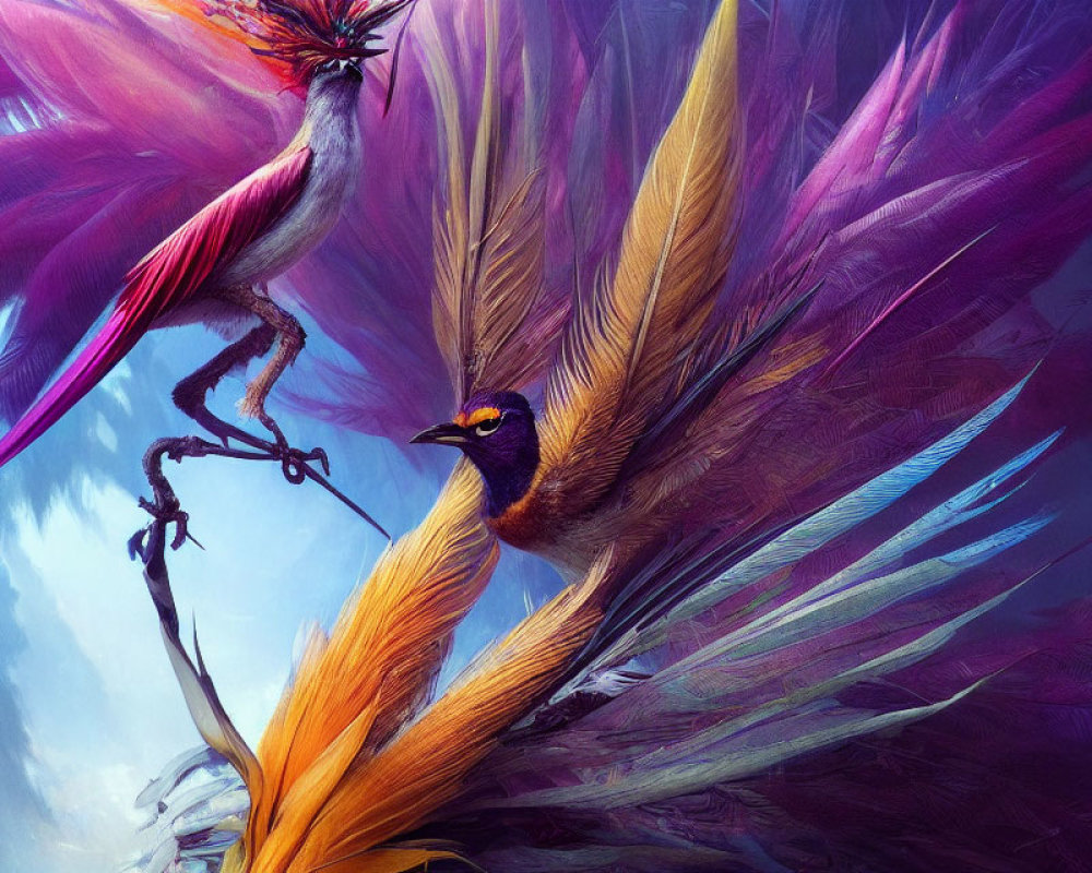 Colorful digital artwork featuring stylized birds with vibrant plumage on dynamic background