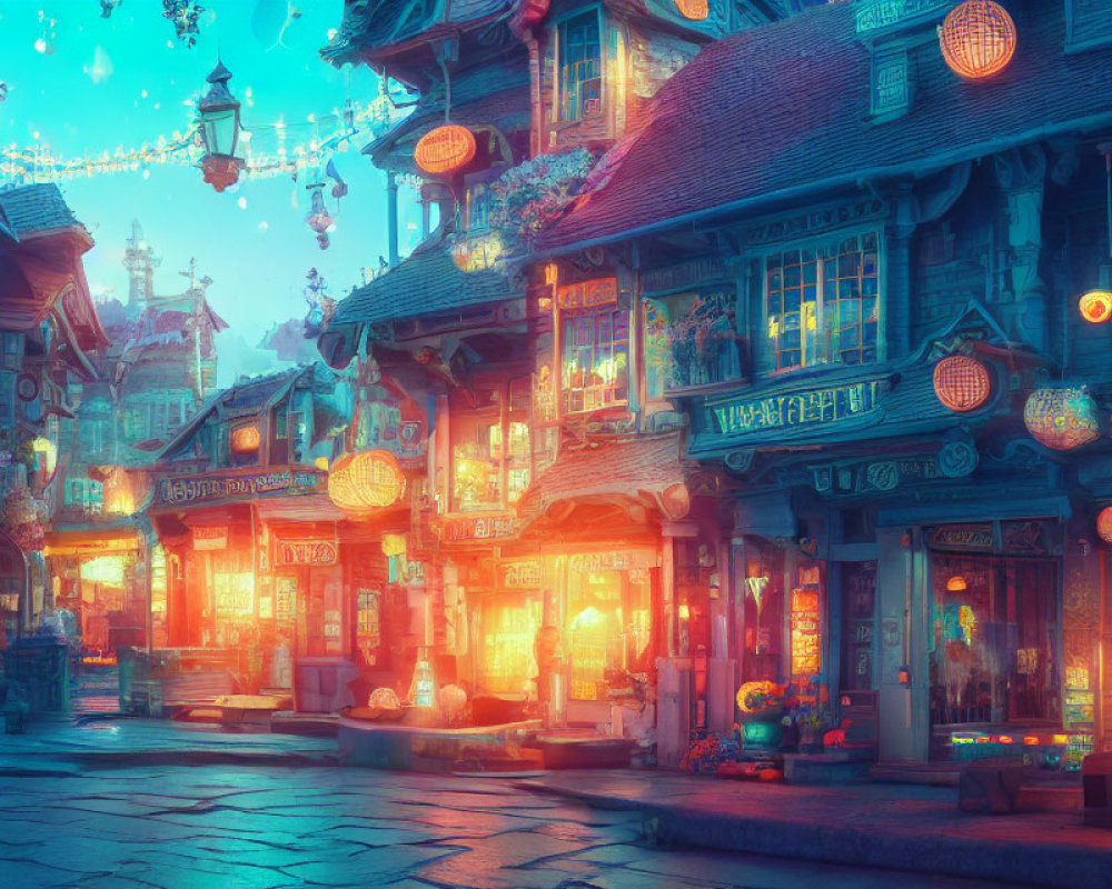 Fantasy street scene at dusk with glowing lanterns and cozy shopfronts