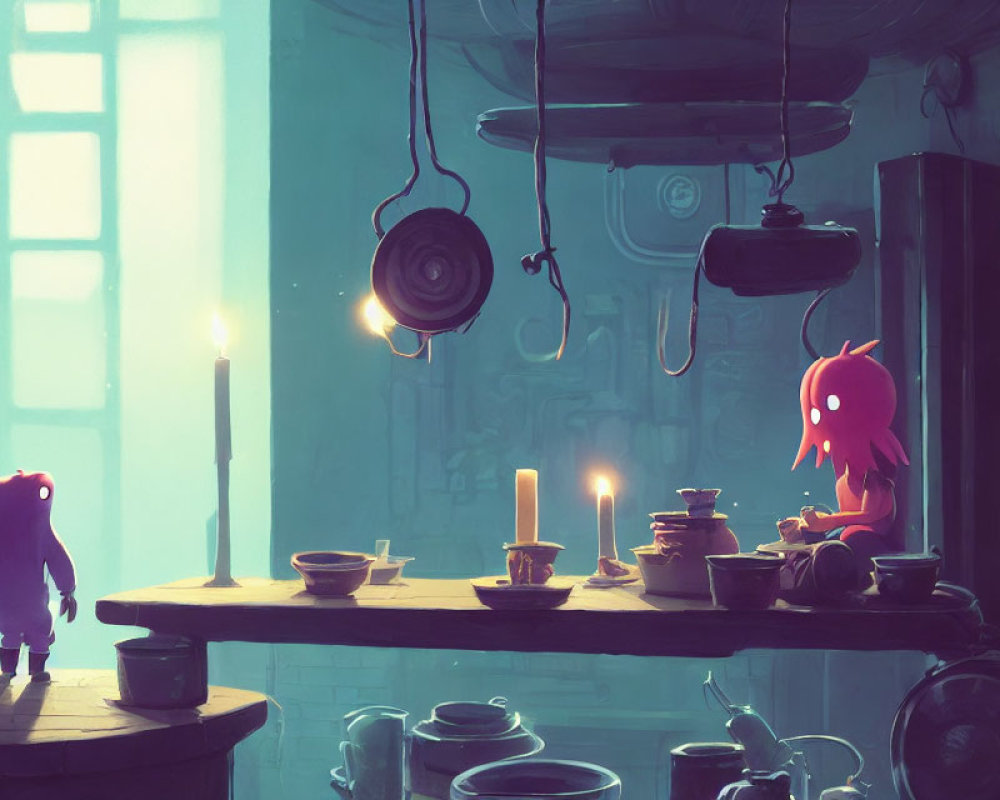 Whimsical interior with octopus-like creatures at cluttered table