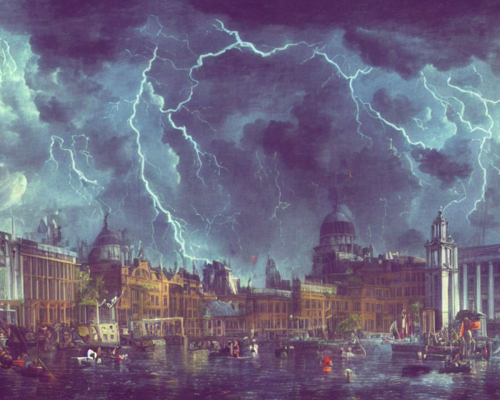 Historical cityscape painting with lightning strikes and classic architecture