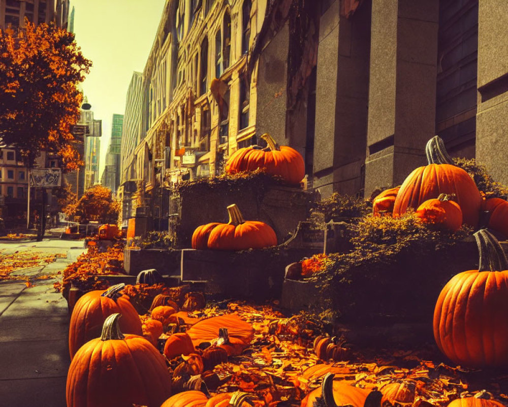 City street decorated with pumpkins and autumn leaves under a warm golden light.