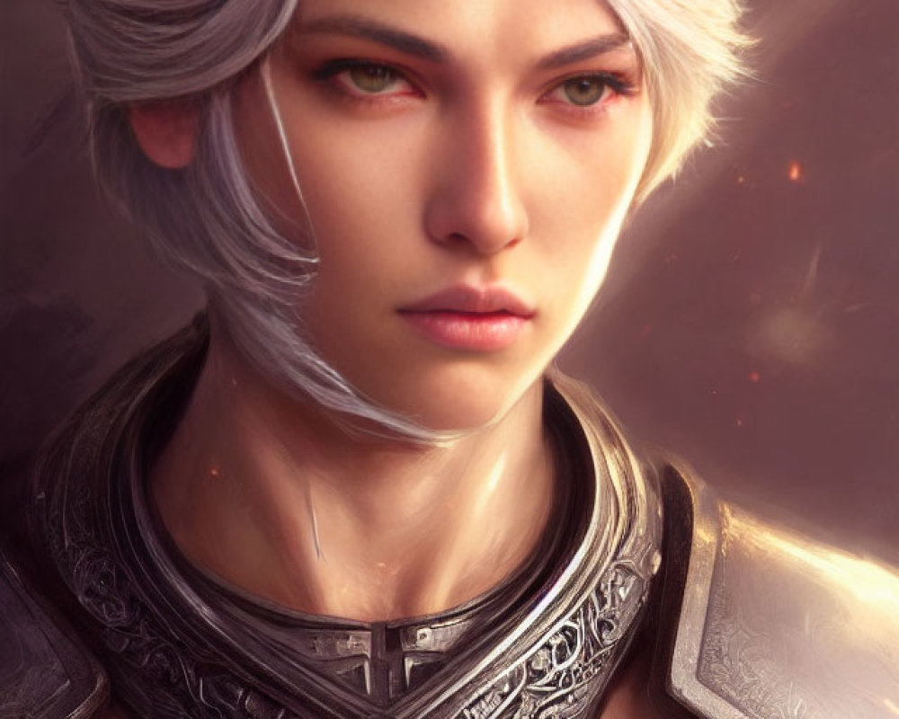 Fantasy Character Digital Portrait: Silver Hair, Sharp Features, Yellow Eyes, Ornate Armor
