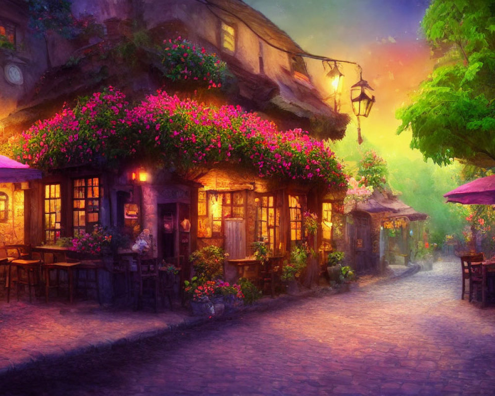 Charming twilight scene of cobblestone street with lanterns and cozy café seating