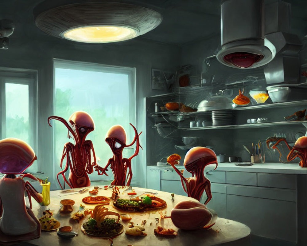 Kitchen scene with octopus-like creatures cooking, serving drinks, and dining on pizza