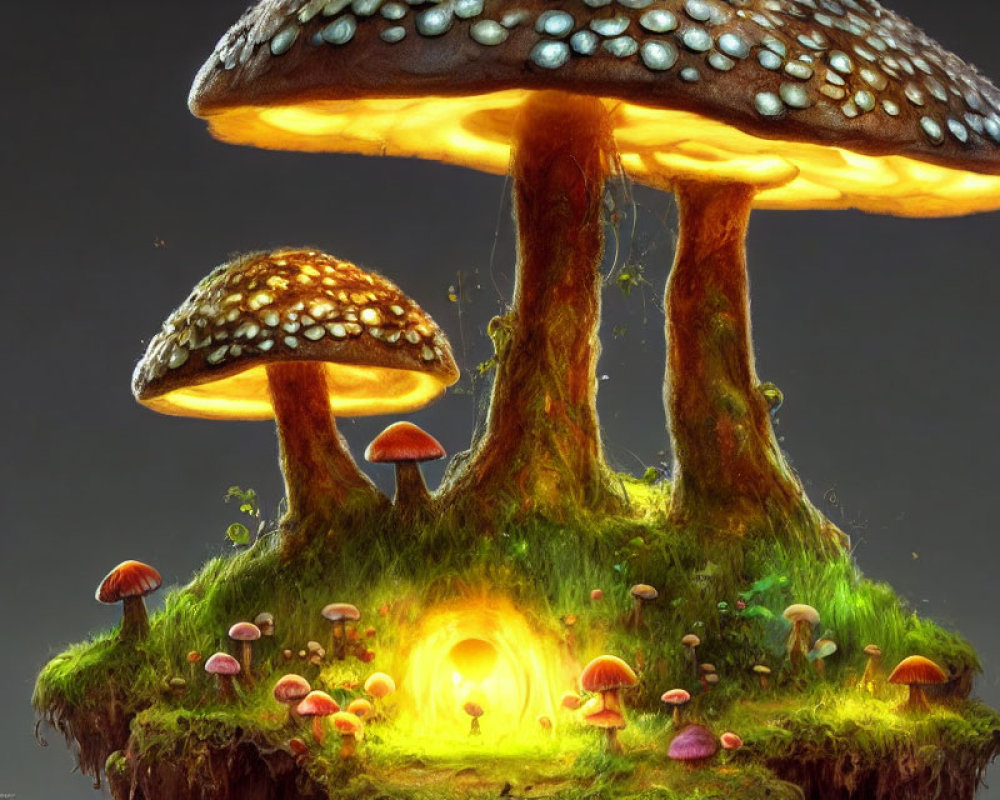 Fantastical digital artwork of oversized glowing mushrooms on earth