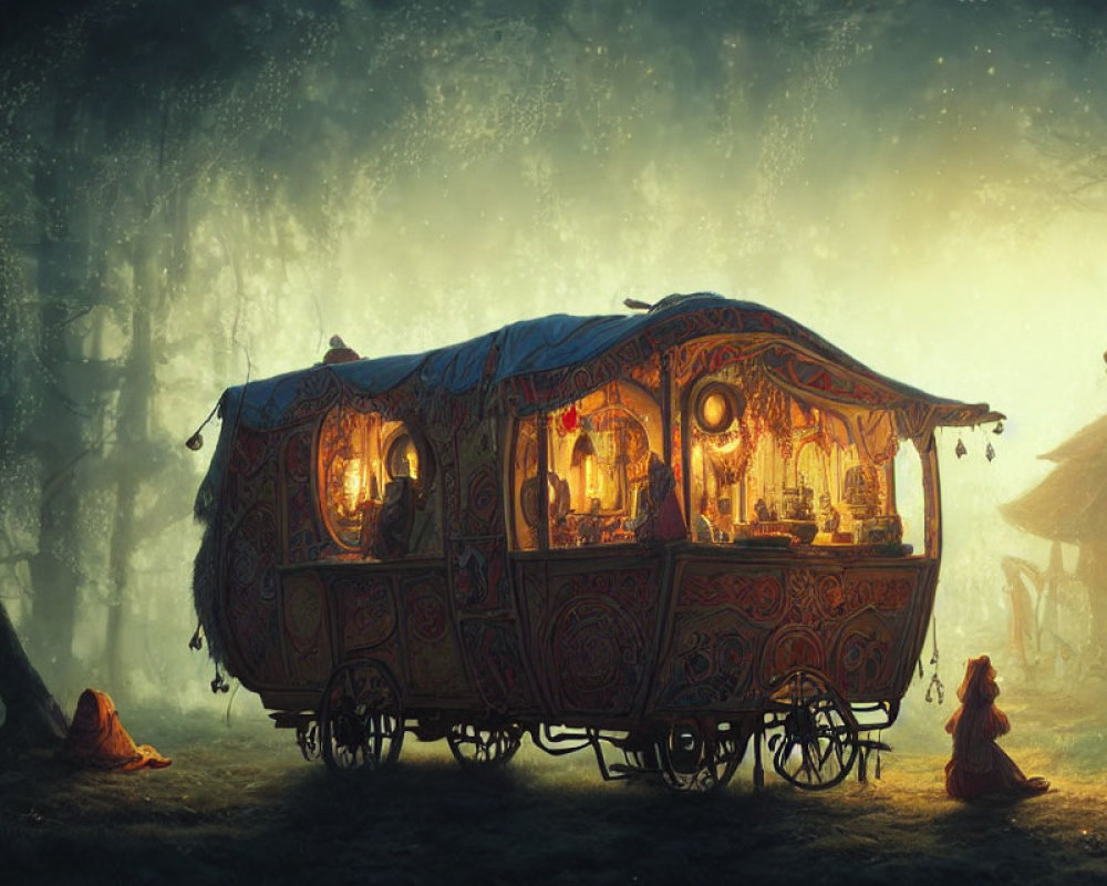 Ornate illuminated caravan in mystical forest with traditional attire people