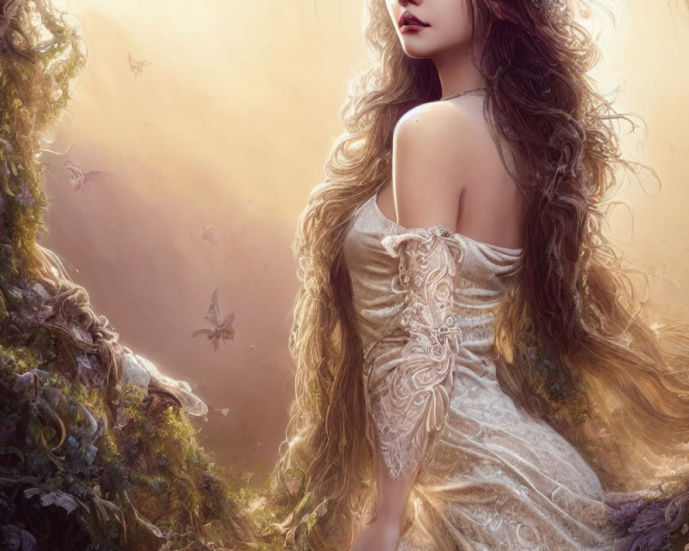 Woman with Long Hair in Lace Dress Stands in Ethereal Forest Glade